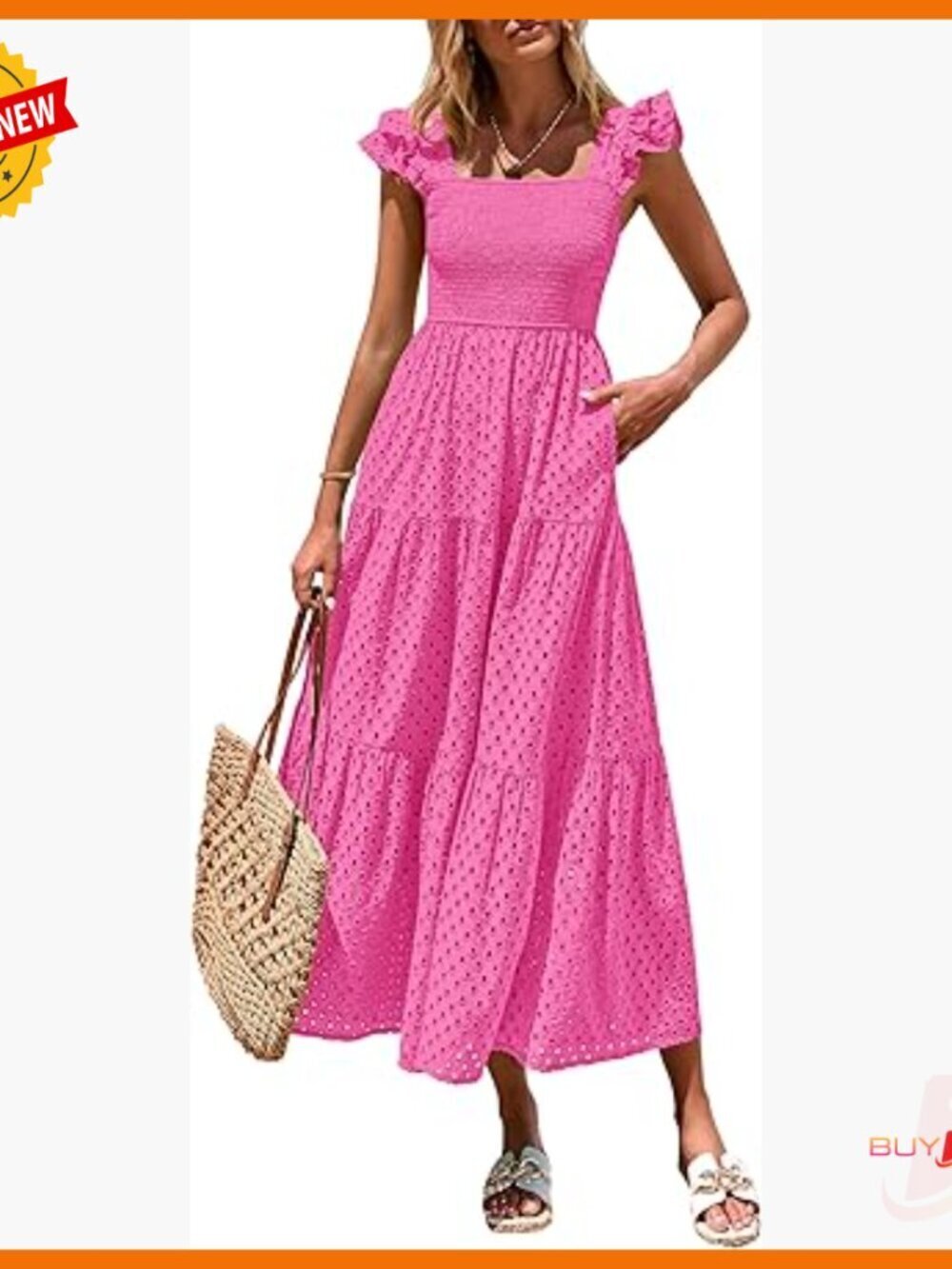 Summer Maxi Dress with Pockets, Square Neck, Smocked Tiered Flowy A-Line